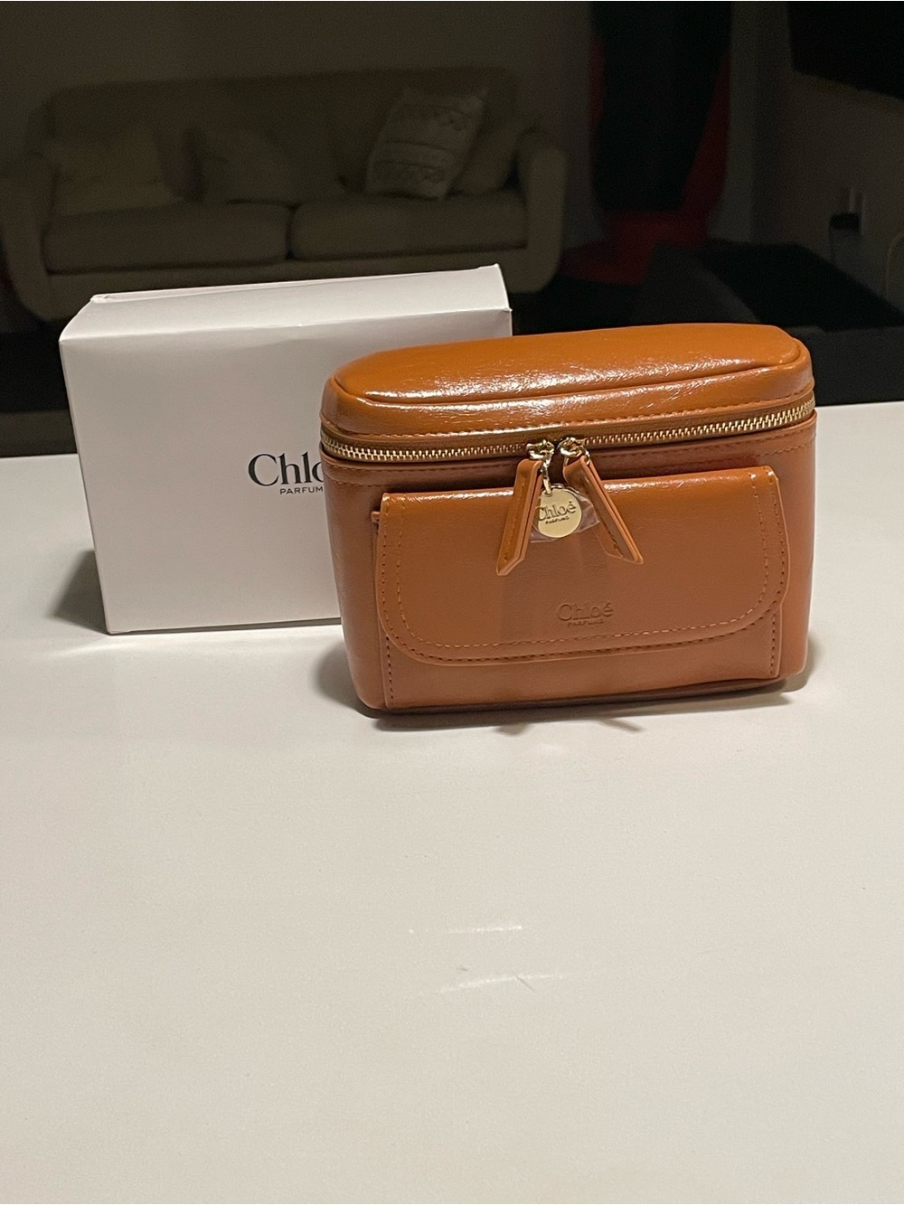 Chloe Parfums Leather Cosmetic Case with Front Pocket and Gold Hardware